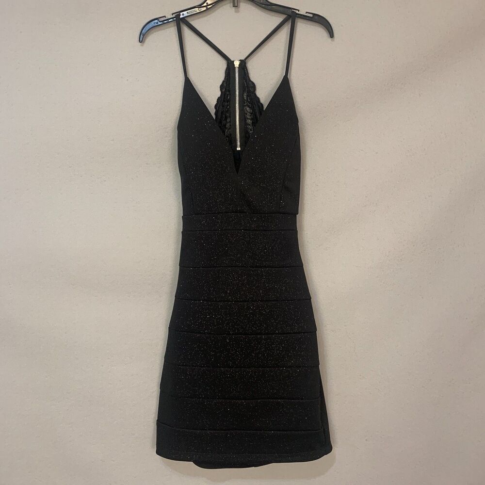 Emerald Sundae Black Glitter Lace Inset Strappy Bodycon Cocktail Dress Medium